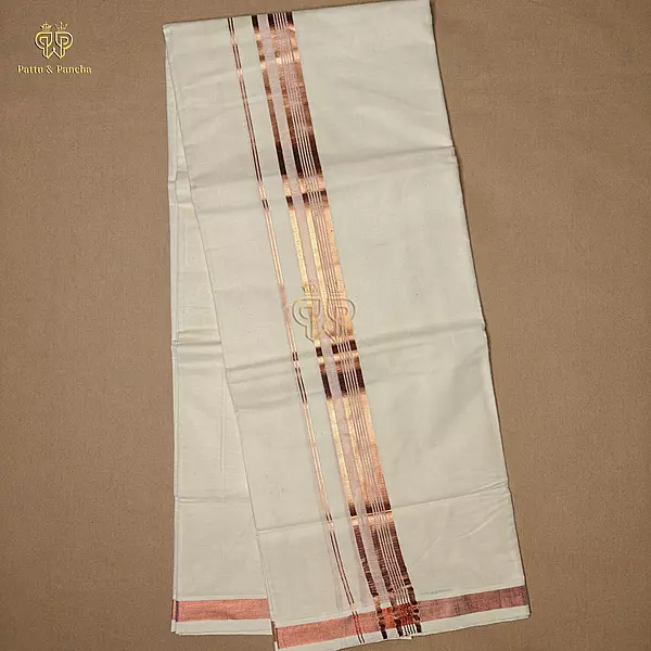 Kasavu Cotton Off White Dhoti with Copper Zari Line Border