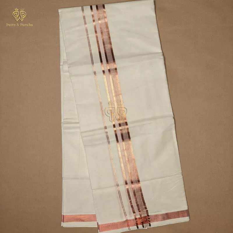 Kasavu Cotton Off White Dhoti with Copper Zari Line Border
