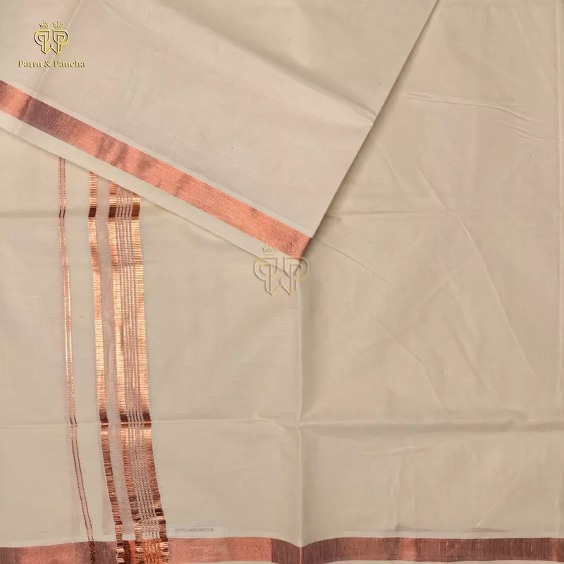 Kasavu Cotton Off White Dhoti with Copper Zari Line Border