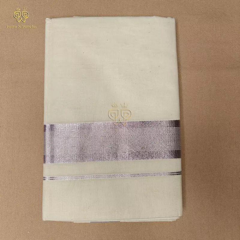 Kasavu Cotton Off White Dhoti with Lavender Zari Line Border