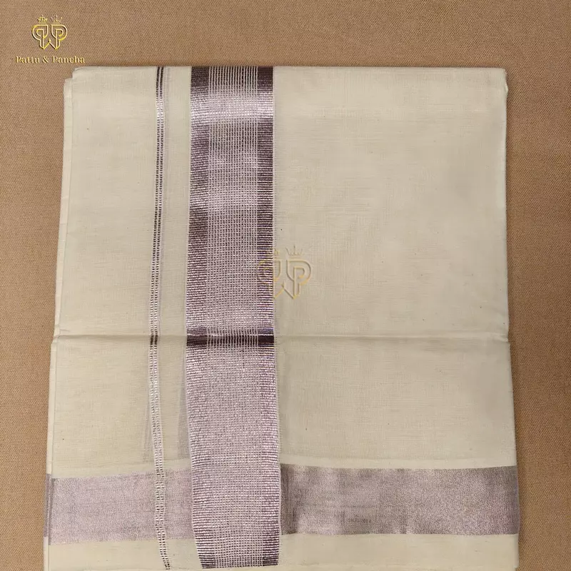Kasavu Cotton Off White Dhoti with Lavender Zari Line Border