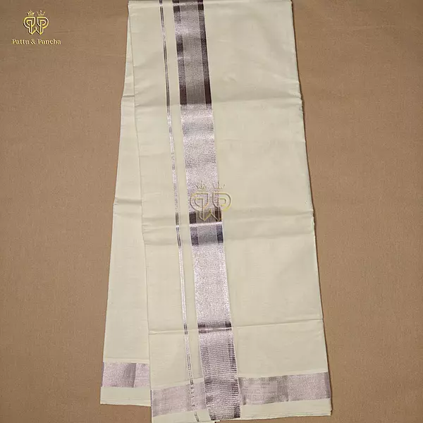 Kasavu Cotton Off White Dhoti with Lavender Zari Line Border