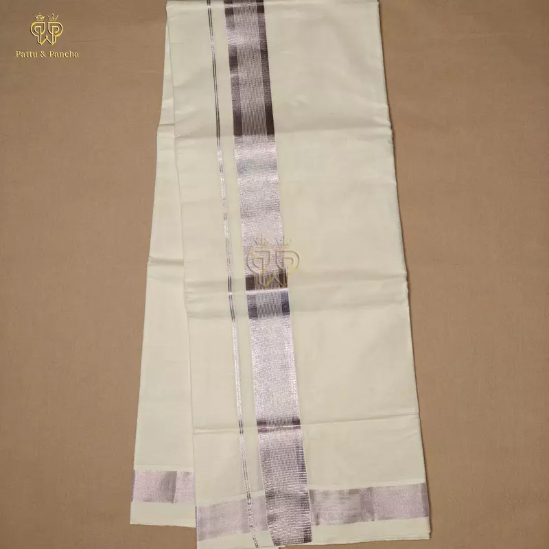 Kasavu Cotton Off White Dhoti with Lavender Zari Line Border