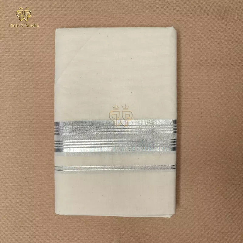 Kasavu Cotton Dhoti with Silver Zari Border