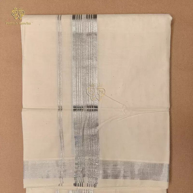 Kasavu Cotton Dhoti with Silver Zari Border