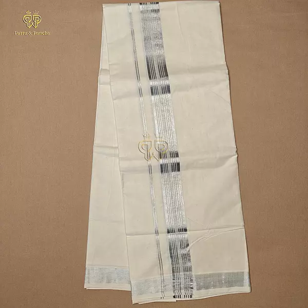 Kasavu Cotton Dhoti with Silver Zari Border