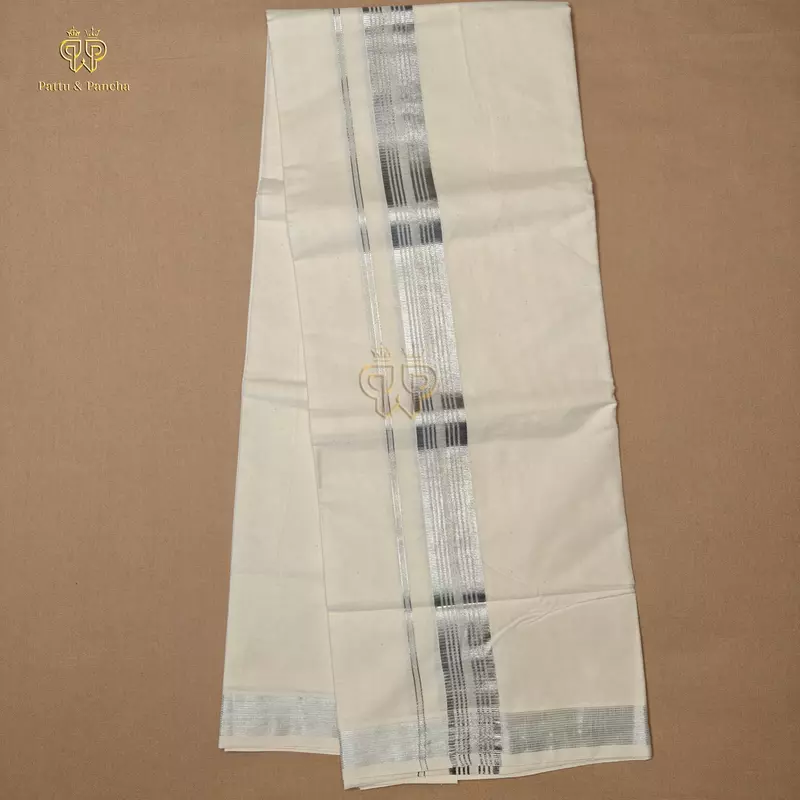 Kasavu Cotton Dhoti with Silver Zari Border