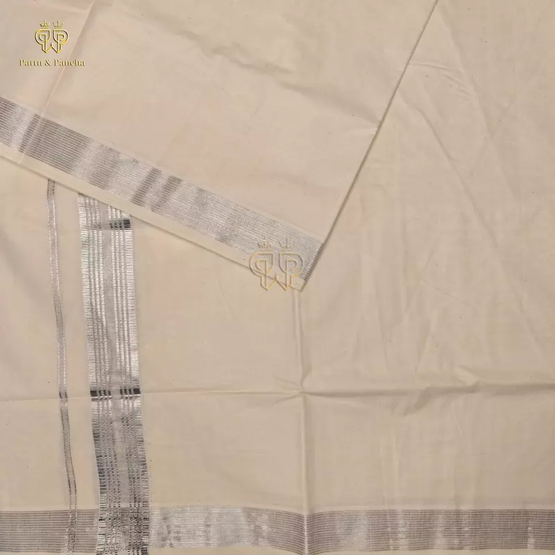 Kasavu Cotton Dhoti with Silver Zari Border