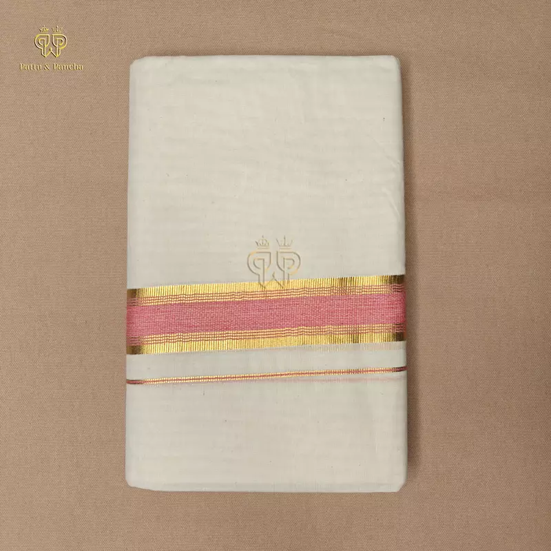 Kasavu Cotton Off White Dhoti with Pink and Gold Zari Border