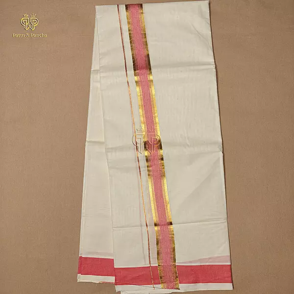 Kasavu Cotton Off White Dhoti with Pink and Gold Zari Border