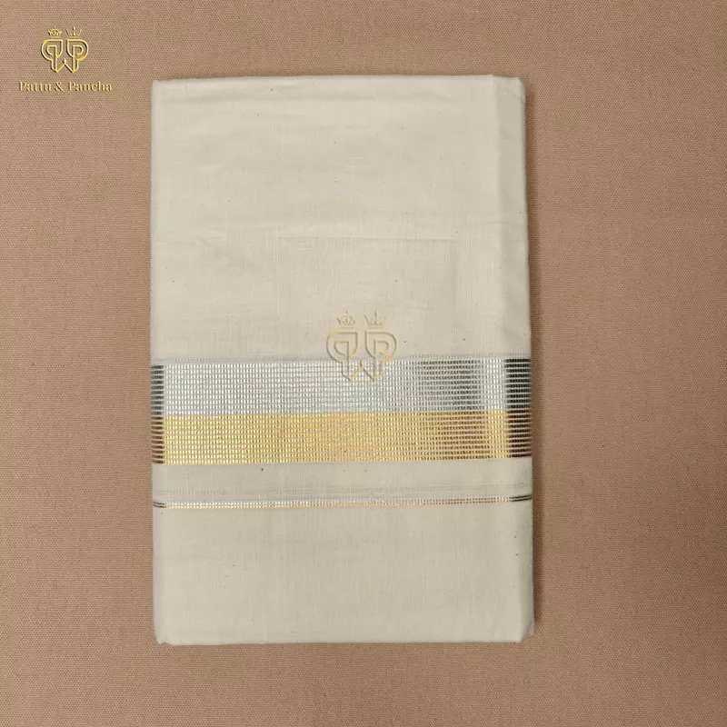 Kasavu Cotton Dhoti with Gold and Silver Zari Border