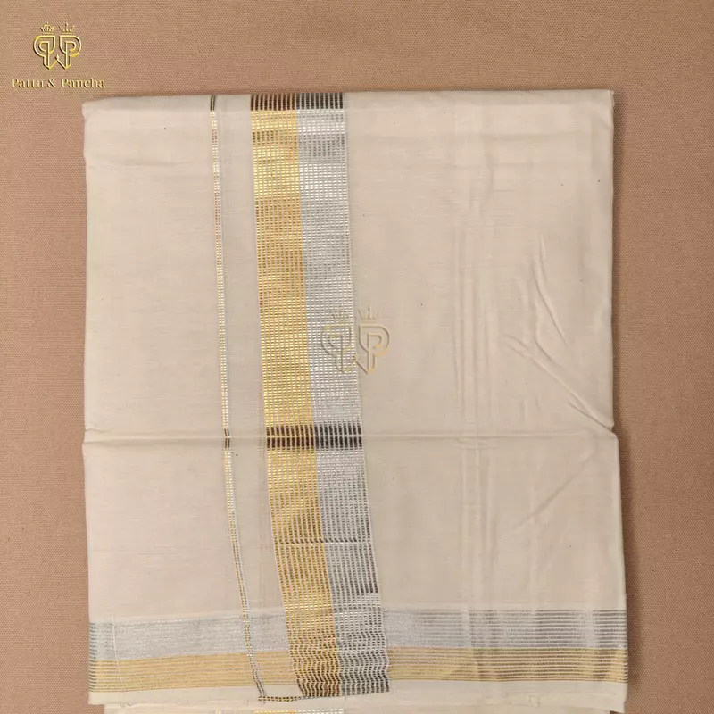 Kasavu Cotton Dhoti with Gold and Silver Zari Border