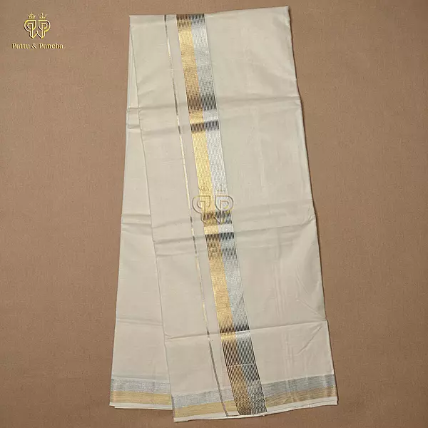 Kasavu Cotton Dhoti with Gold and Silver Zari Border