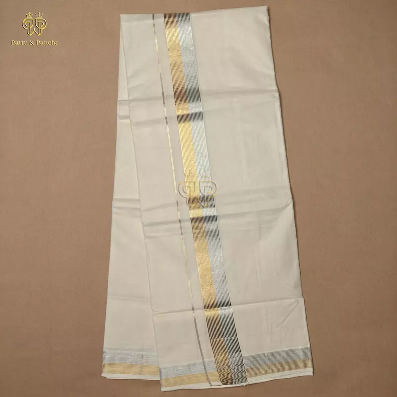 Kasavu Cotton Dhoti with Gold and Silver Zari Border