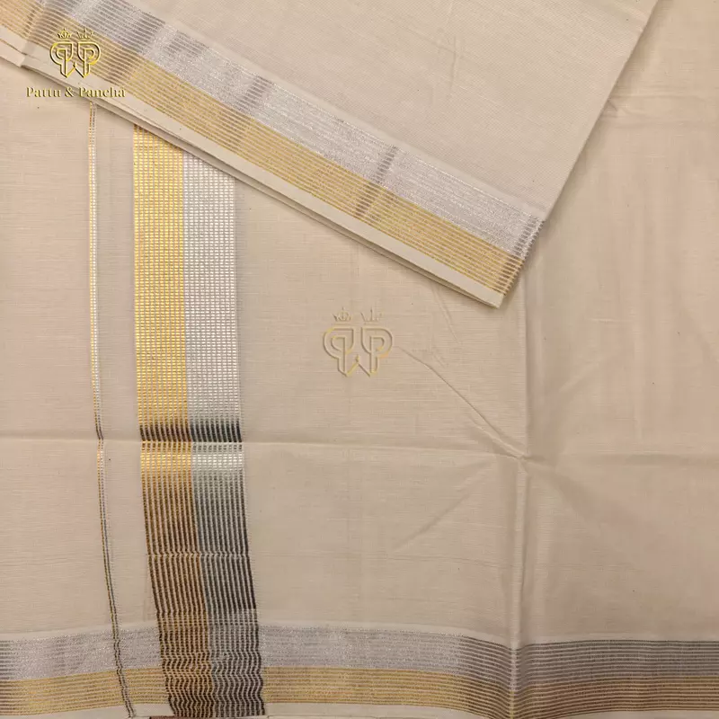 Kasavu Cotton Dhoti with Gold and Silver Zari Border