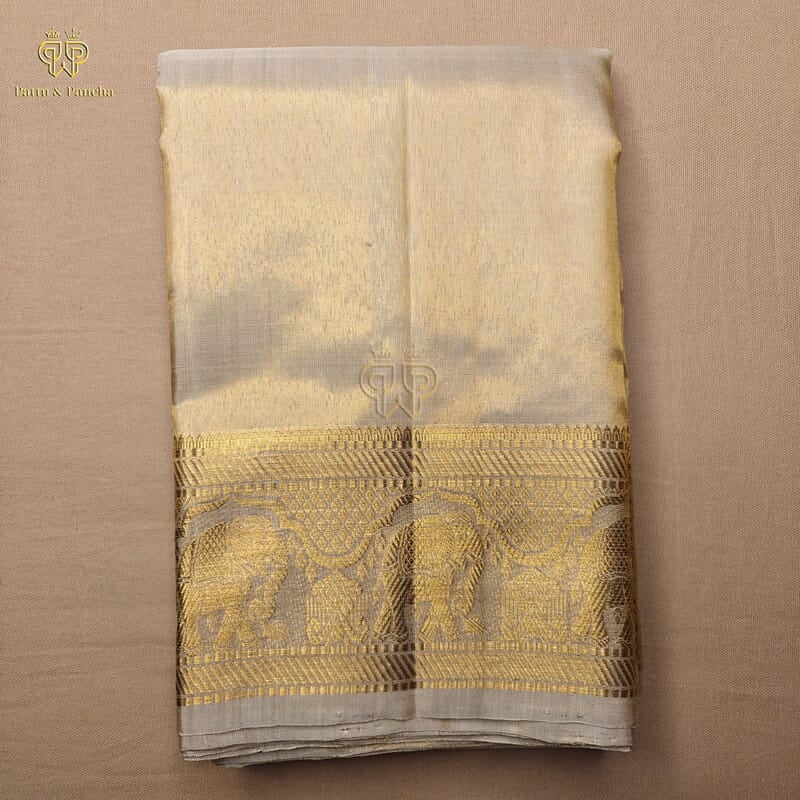 Pure Tissue Silk Groom Antique Gold Dhoti with Elephant Zari Border