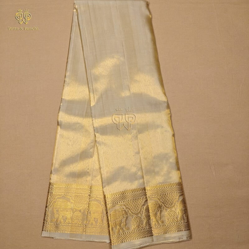 Pure Tissue Silk Groom Antique Gold Dhoti with Elephant Zari Border