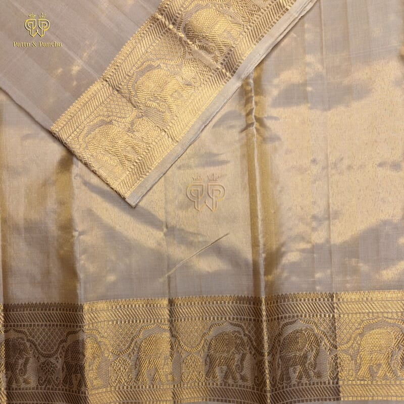 Pure Tissue Silk Groom Antique Gold Dhoti with Elephant Zari Border