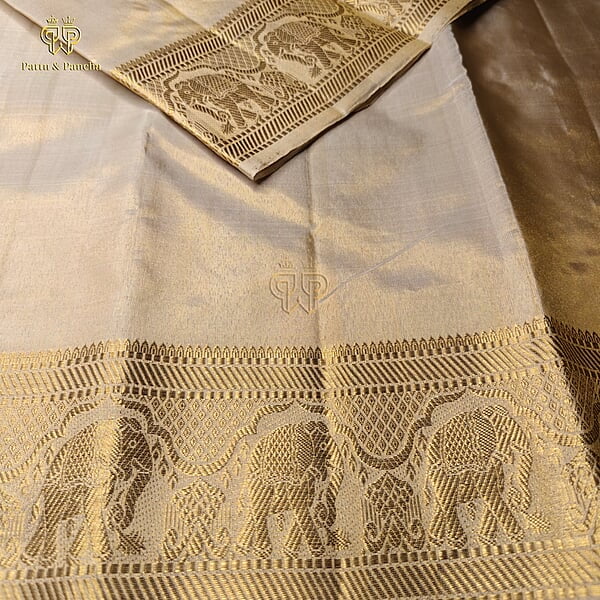 Pure Tissue Silk Groom Antique Gold Dhoti with Elephant Zari Border