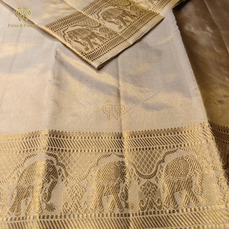 Pure Tissue Silk Groom Antique Gold Dhoti with Elephant Zari Border