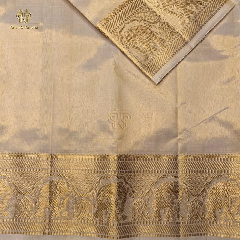 Pure Tissue Silk Groom Antique Gold Dhoti with Elephant Zari Border