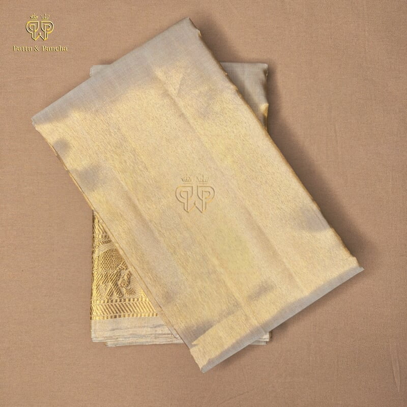 Pure Tissue Silk Groom Antique Gold Dhoti with Elephant Zari Border