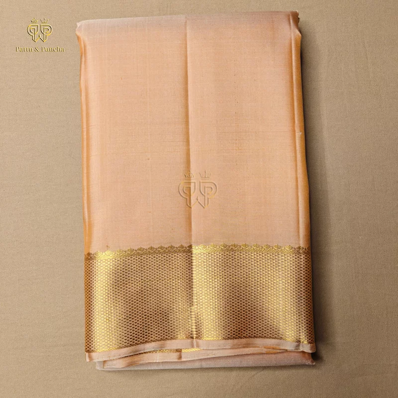 Pure Silk Groom Dhoti Peach with Gold Zari Border