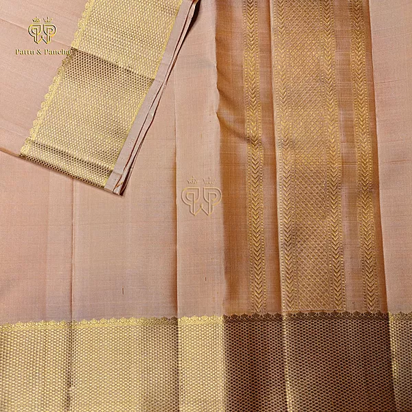 Pure Silk Groom Dhoti Peach with Gold Zari Border