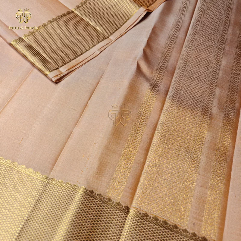 Pure Silk Groom Dhoti Peach with Gold Zari Border