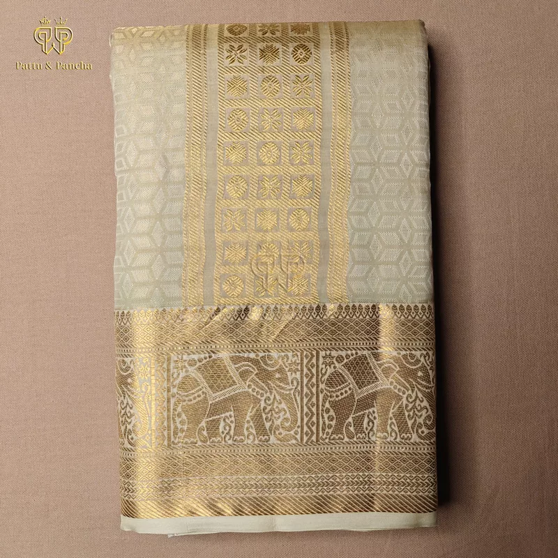 Pure Silk Golden Tissue Groom Panchakacham Dhoti with Elephant Zari Border