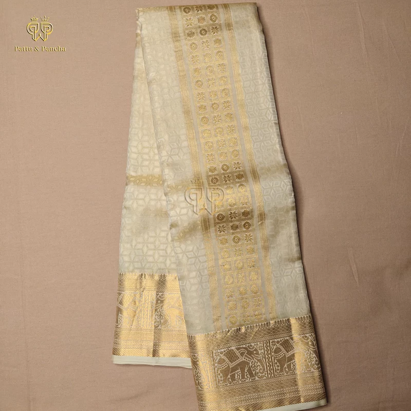 Pure Silk Golden Tissue Groom Panchakacham Dhoti with Elephant Zari Border