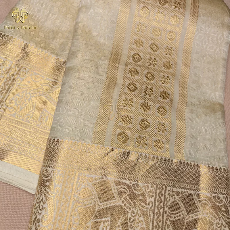 Pure Silk Golden Tissue Groom Panchakacham Dhoti with Elephant Zari Border