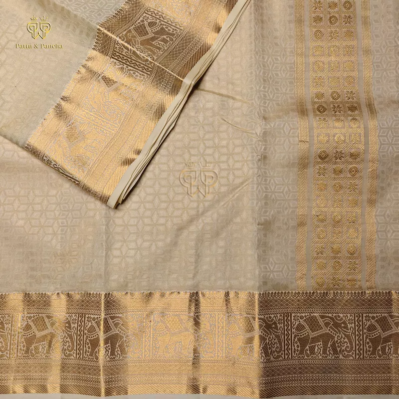 Pure Silk Golden Tissue Groom Panchakacham Dhoti with Elephant Zari Border