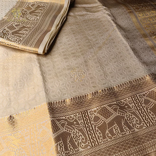 Pure Silk Golden Tissue Groom Panchakacham Dhoti with Elephant Zari Border