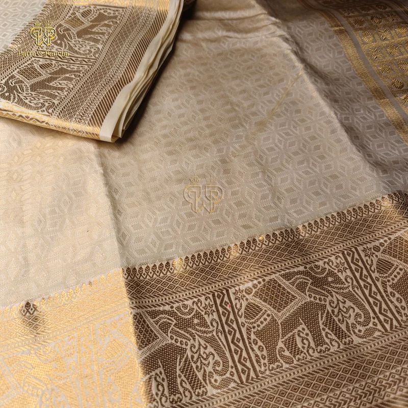 Pure Silk Golden Tissue Groom Panchakacham Dhoti with Elephant Zari Border