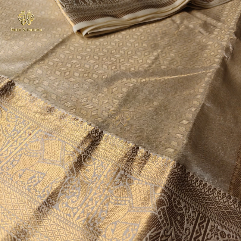 Pure Silk Golden Tissue Groom Panchakacham Dhoti with Elephant Zari Border