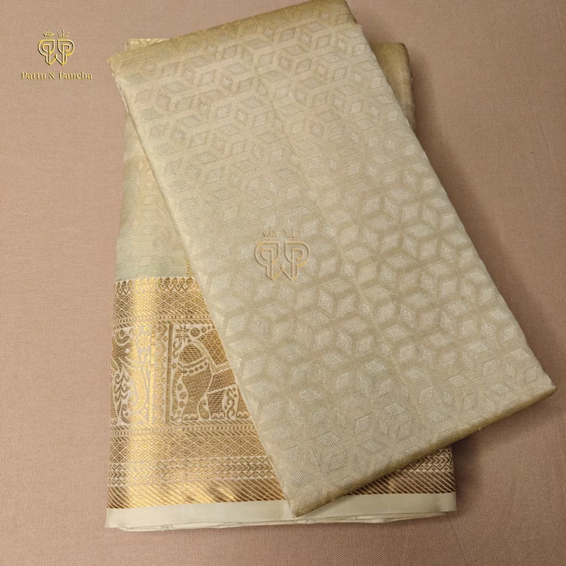 Pure Silk Golden Tissue Groom Panchakacham Dhoti with Elephant Zari Border