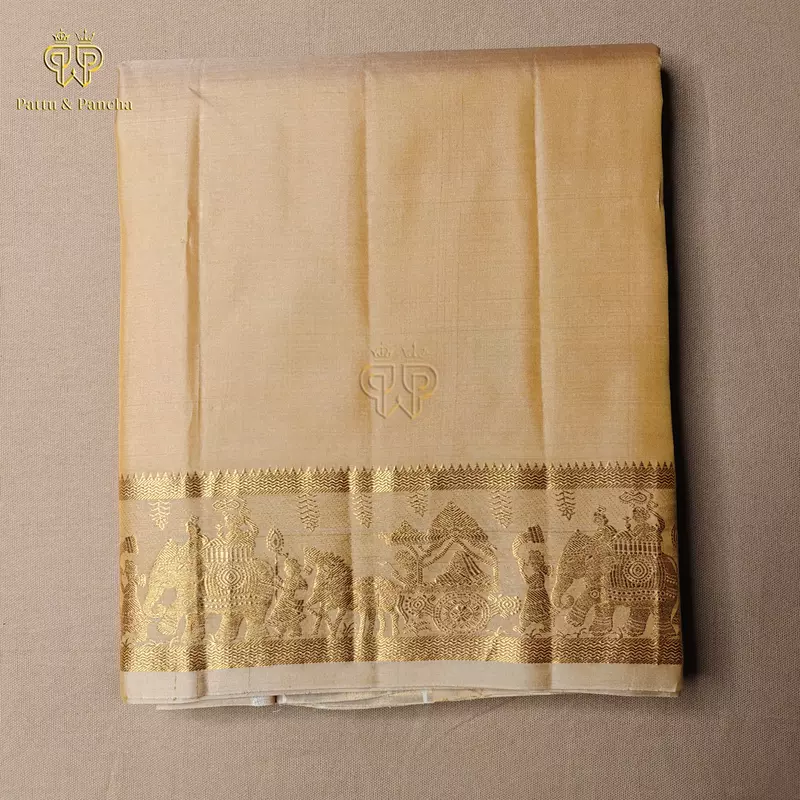 Pure Silk Panchakacham Peach Gold Groom Dhoti with Pallakku Design Border