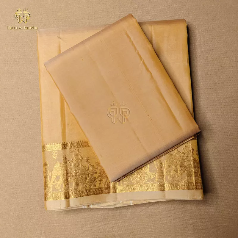 Pure Silk Panchakacham Peach Gold Groom Dhoti with Pallakku Design Border