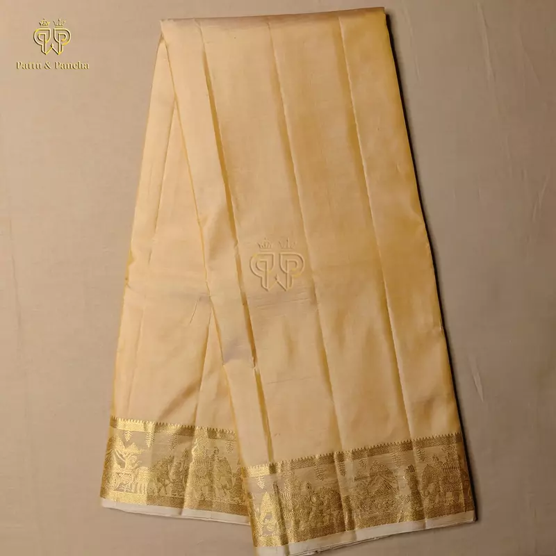 Pure Silk Panchakacham Peach Gold Groom Dhoti with Pallakku Design Border