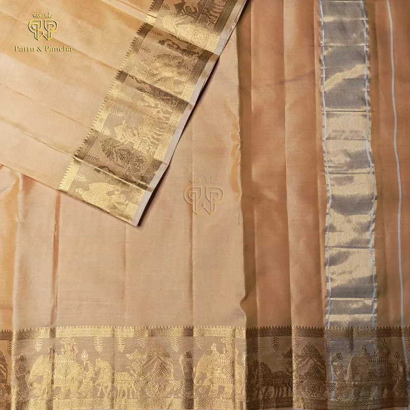 Pure Silk Panchakacham Peach Gold Groom Dhoti with Pallakku Design Border