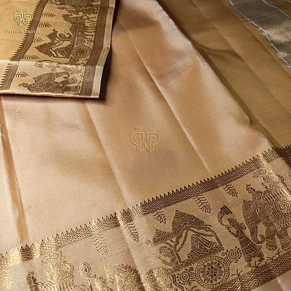 Pure Silk Panchakacham Peach Gold Groom Dhoti with Pallakku Design Border