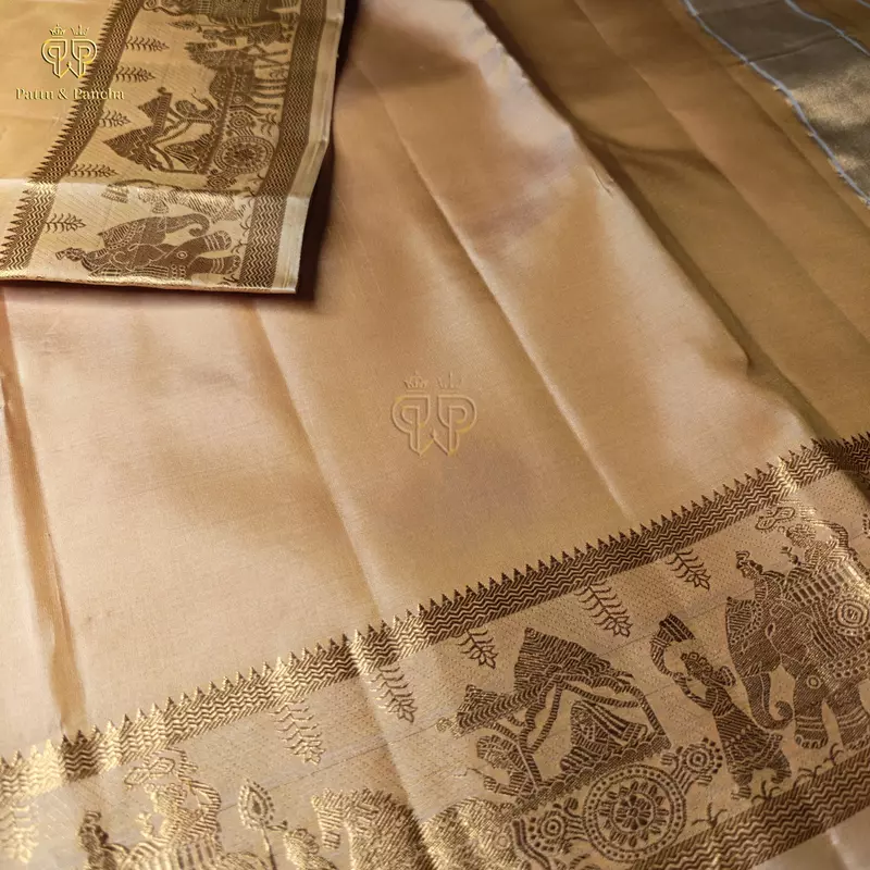 Pure Silk Panchakacham Peach Gold Groom Dhoti with Pallakku Design Border