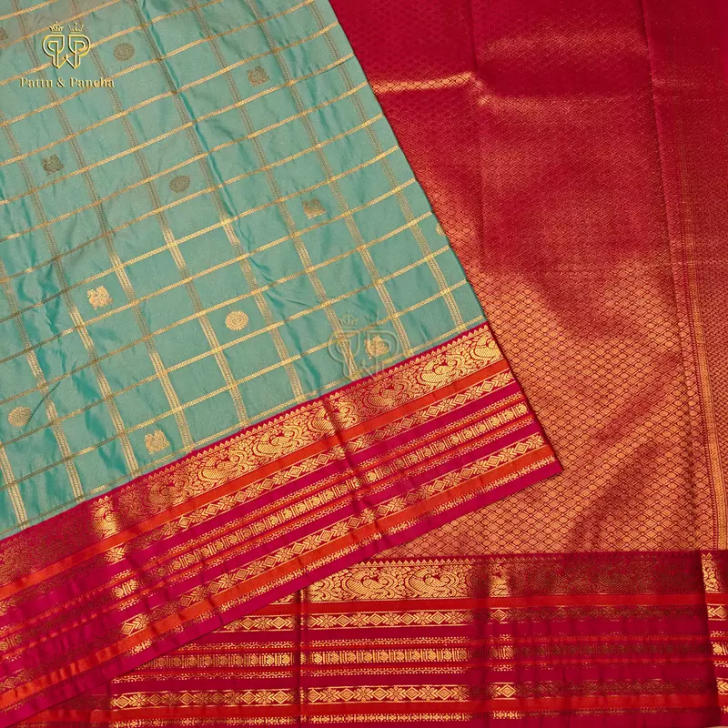 Semi Silk Aqua Blue Checks and Rani Pink Saree with Gold Zari Motifs and Varisaipet Zari Border