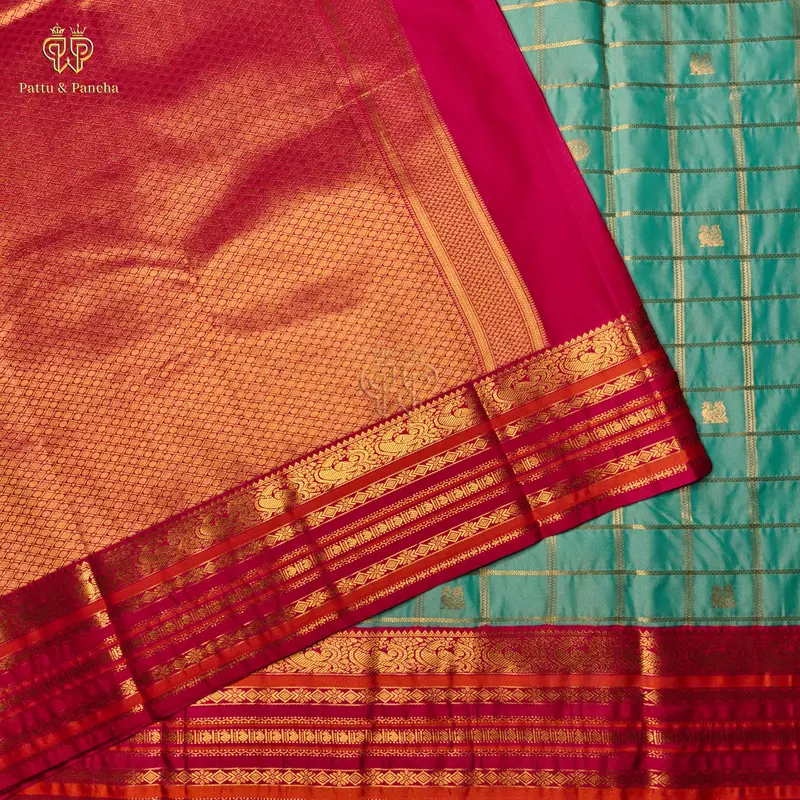 Semi Silk Aqua Blue Checks and Rani Pink Saree with Gold Zari Motifs and Varisaipet Zari Border