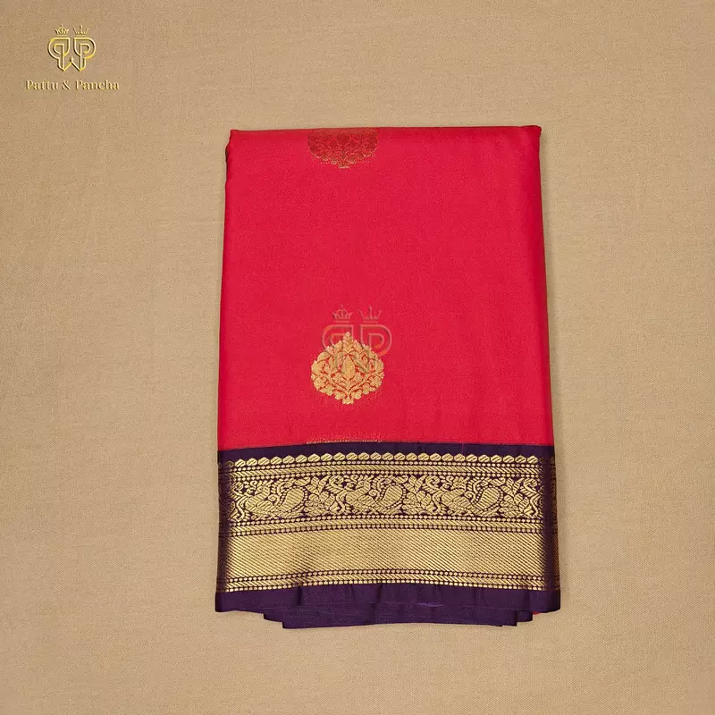 Semi Silk Red and Purple Saree with Gold Zari Floral Buttas and Zari Border