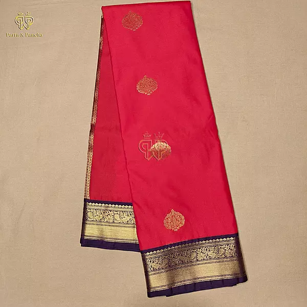 Semi Silk Red and Purple Saree with Gold Zari Floral Buttas and Zari Border