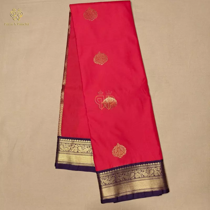 Semi Silk Red and Purple Saree with Gold Zari Floral Buttas and Zari Border