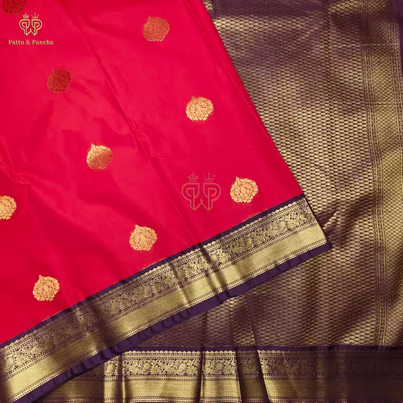 Semi Silk Red and Purple Saree with Gold Zari Floral Buttas and Zari Border