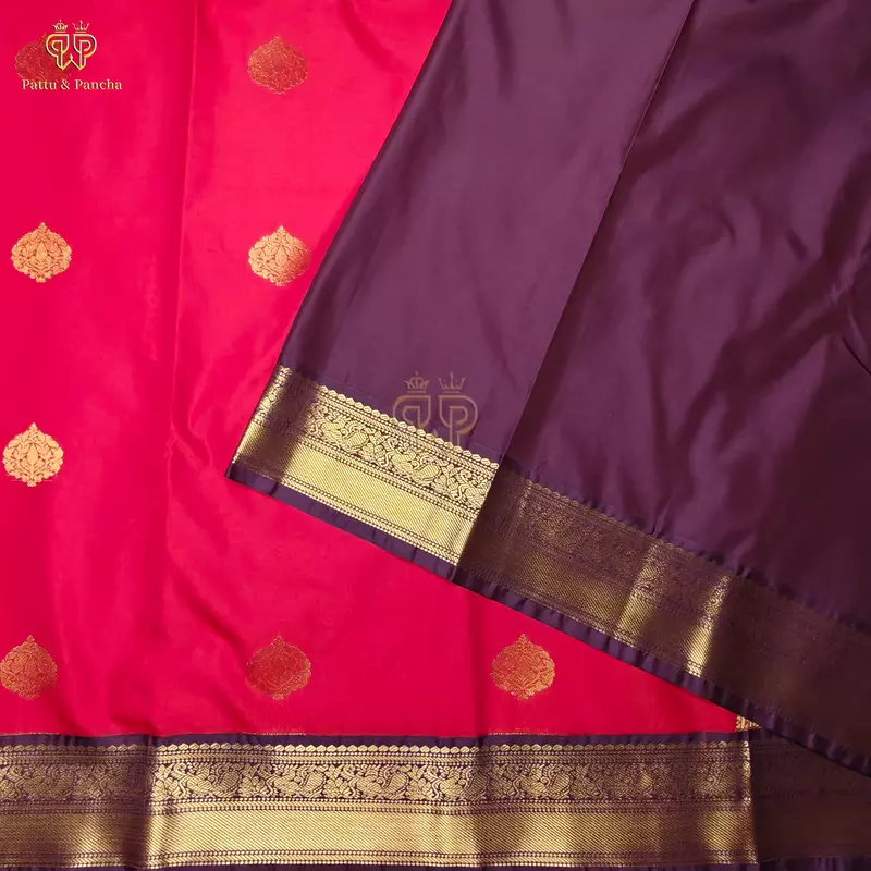Semi Silk Red and Purple Saree with Gold Zari Floral Buttas and Zari Border